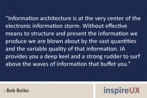 “Information architecture is at the very center of the electronic information storm. Without effective means to structure and present the information we produce we are blown about by the vast quantities and the variable quality of that information. IA provides you a deep keel and a strong rudder to surf above the waves of information that buffet you.” - Bob Boiko “Information architecture is at the very center of the electronic information storm. Without effective means to structure and present the information we produce we are blown about by the vast quantities and the variable quality of that information. IA provides you a deep keel and a strong rudder to surf above the waves of information that buffet you.” - Bob Boiko