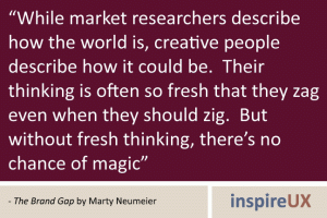 “While market researchers describe how the world is, creative people describe how it could be. Their thinking is often so fresh that they zag even when they should zig. But without fresh thinking, there’s no chance of magic” - The Brand Gap by Marty Neumeier