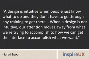 “A design is intuitive when people just know what to do and they don’t have to go through any training to get there... When a design is not intuitive, our attention moves away from what we’re trying to accomplish to how we can get the interface to accomplish what we want.” - Jared Spool “A design is intuitive when people just know what to do and they don’t have to go through any training to get there... When a design is not intuitive, our attention moves away from what we’re trying to accomplish to how we can get the interface to accomplish what we want.” - Jared Spool