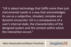 “UX is about technology that fulfils more than just instrumental needs in a way that acknowledges its use as a subjective, situated, complex and dynamic encounter. UX is a consequence of a user’s internal state, the characteristics of the designed system and the context within which the interaction occurs.” - Marc Hassenzahl and Noam Tractinsky “UX is about technology that fulfils more than just instrumental needs in a way that acknowledges its use as a subjective, situated, complex and dynamic encounter. UX is a consequence of a user’s internal state, the characteristics of the designed system and the context within which the interaction occurs.” - Marc Hassenzahl and Noam Tractinsky