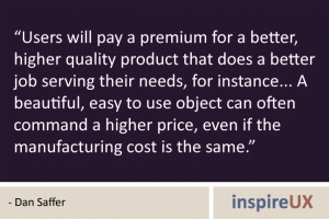 “Users will pay a premium for a better, higher quality product that does a better job serving their needs, for instance... A beautiful, easy to use object can often command a higher price, even if the manufacturing cost is the same.” - Dan Saffer “Users will pay a premium for a better, higher quality product that does a better job serving their needs, for instance... A beautiful, easy to use object can often command a higher price, even if the manufacturing cost is the same.” - Dan Saffer