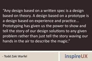 “Any design based on a written spec is a design based on theory. A design based on a prototype is a design based on experience and practice... Prototyping has given us the power to show and tell the story of our design solutions to any given problem rather than just tell the story waving our hands in the air to describe the magic.” - Todd Zaki Warfel “Any design based on a written spec is a design based on theory. A design based on a prototype is a design based on experience and practice... Prototyping has given us the power to show and tell the story of our design solutions to any given problem rather than just tell the story waving our hands in the air to describe the magic.” - Todd Zaki Warfel