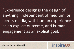 “Experience design is the design of anything, independent of medium, or across media, with human experience as an explicit outcome, and human engagement as an explicit goal.” - Jesse James Garrett “Experience design is the design of anything, independent of medium, or across media, with human experience as an explicit outcome, and human engagement as an explicit goal.” - Jesse James Garrett