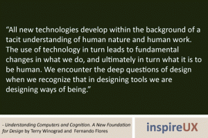 “All new technologies develop within the background of a tacit understanding of human nature and human work. The use of technology in turn leads to fundamental changes in what we do, and ultimately in turn what it is to be human. We encounter the deep questions of design when we recognize that in designing tools we are designing ways of being.” - Understanding Computers and Cognition. A New Foundation for Design by Terry Winograd and Fernando Flores