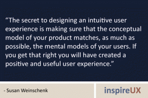 “The secret to designing an intuitive user experience is making sure that the conceptual model of your product matches, as much as possible, the mental models of your users. If you get that right you will have created a positive and useful user experience.” - Susan Weinschenk
