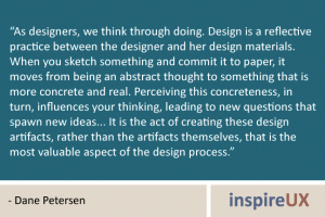 “As designers, we think through doing. Design is a reflective practice between the designer and her design materials. When you sketch something and commit it to paper, it moves from being an abstract thought to something that is more concrete and real. Perceiving this concreteness, in turn, influences your thinking, leading to new questions that spawn new ideas... It is the act of creating these design artifacts, rather than the artifacts themselves, that is the most valuable aspect of the design process.” - Dane Petersen