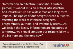 “Information architecture is not about surface glamor; it’s about mission-critical infrastructure. And infrastructure has widespread and long-term impact. The ripples of our designs spread outwards, affecting the work of interface designers, programmers, authors, and eventually users... As we design the legacy information architectures of tomorrow, we should consider our responsibility to the big here and the long now.” - Information Architecture for the World Wide Web by Louis Rosenfeld & Peter Morville “Information architecture is not about surface glamor; it’s about mission-critical infrastructure. And infrastructure has widespread and long-term impact. The ripples of our designs spread outwards, affecting the work of interface designers, programmers, authors, and eventually users... As we design the legacy information architectures of tomorrow, we should consider our responsibility to the big here and the long now.” - Information Architecture for the World Wide Web by Louis Rosenfeld & Peter Morville