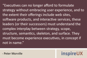“Executives can no longer afford to formulate strategy without embracing user experience, and to the extent their offerings include web sites, software products, and interactive services, these leaders (or their successors) must understand the complex interplay between strategy, scope, structure, semantics, skeleton, and surface. They must become experience executives, in concept if not in name.” - Peter Morville “Executives can no longer afford to formulate strategy without embracing user experience, and to the extent their offerings include web sites, software products, and interactive services, these leaders (or their successors) must understand the complex interplay between strategy, scope, structure, semantics, skeleton, and surface. They must become experience executives, in concept if not in name.” - Peter Morville